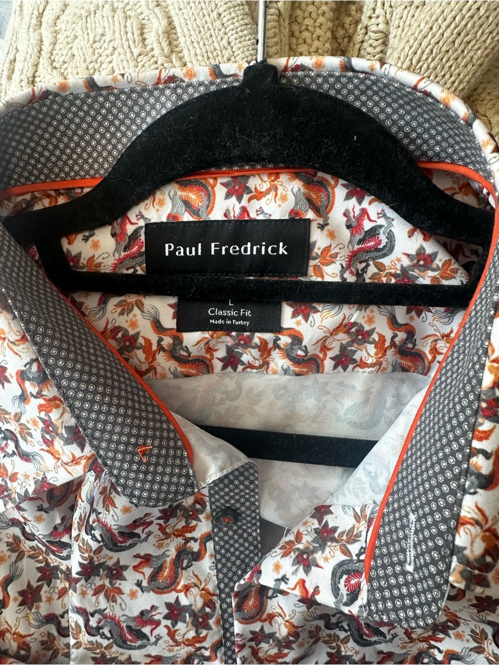 Paul Fredrick Dragon Print Button-Down Shirt with Orange and Gray Details